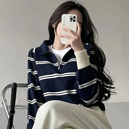 Korean Style Lazy Striped Zipper Color Block Long Sleeve Women's Soft Sweater Autumn Winter New Design Knitted Shirt