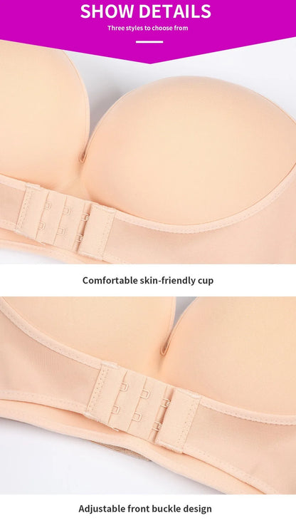 Strapless Push Up Bra - Front Closure Wireless Bralette, Seamless Nylon One-Piece Brassiere