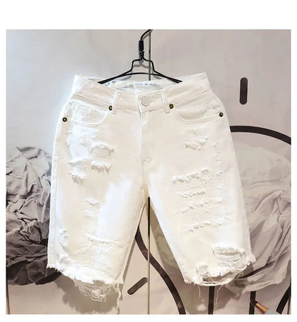 Men's Ripped Denim Shorts - Cropped Tattered White Casual Jeans With Zipper Fly Closure