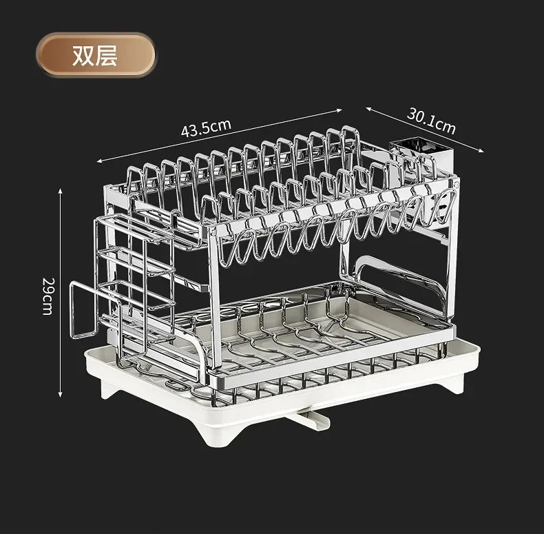 Stainless Steel 2 Tier Dish Rack Adjustable Countertop Organizer Bowl Drainer Multifunctional Kitchen Utensil Storage Holder Hom