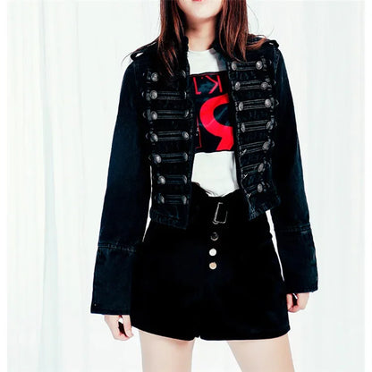 Streetwear Casual Loose Button Split Short Denim Jacket Women Fashion Spring Autumn 2026 Stand Collar Long Sleeve Jean Jacket