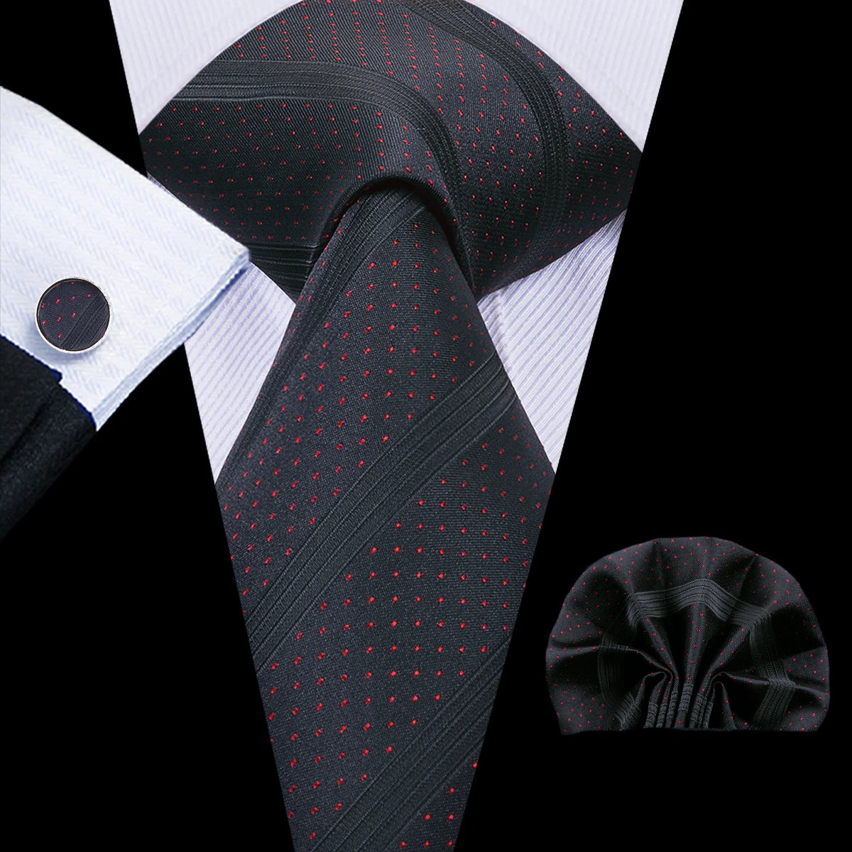 Black Floral Silk Wedding Tie Set - Elegant Necktie with Handkerchief  Cufflinks for Men