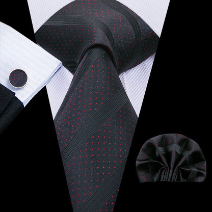 Black Floral Silk Wedding Tie Set - Elegant Necktie with Handkerchief  Cufflinks for Men