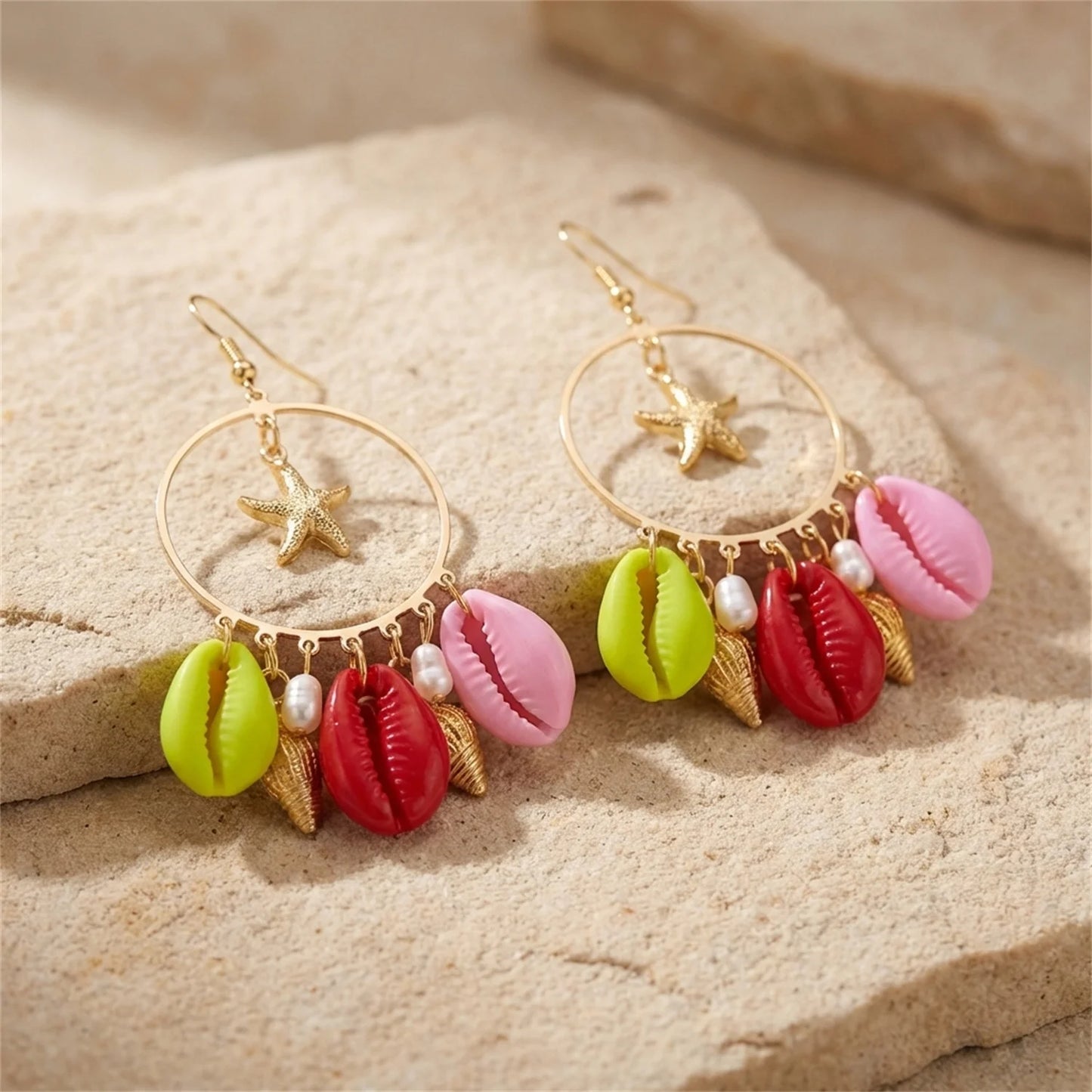 Boho Stone Hoop Earrings – Starfish & Shell Dangle (Y2K Beach)