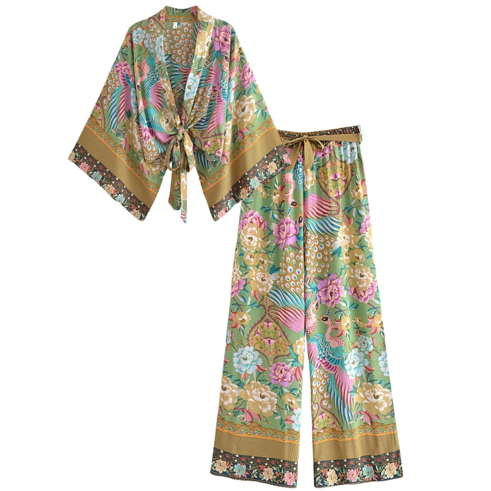 Boho Queens Women Peacock Floral Print Outfits Short Kimono Robe Bohemian Suits Wide Leg Pants 2 Pieces Rayon Boho Sets Swimsuit
