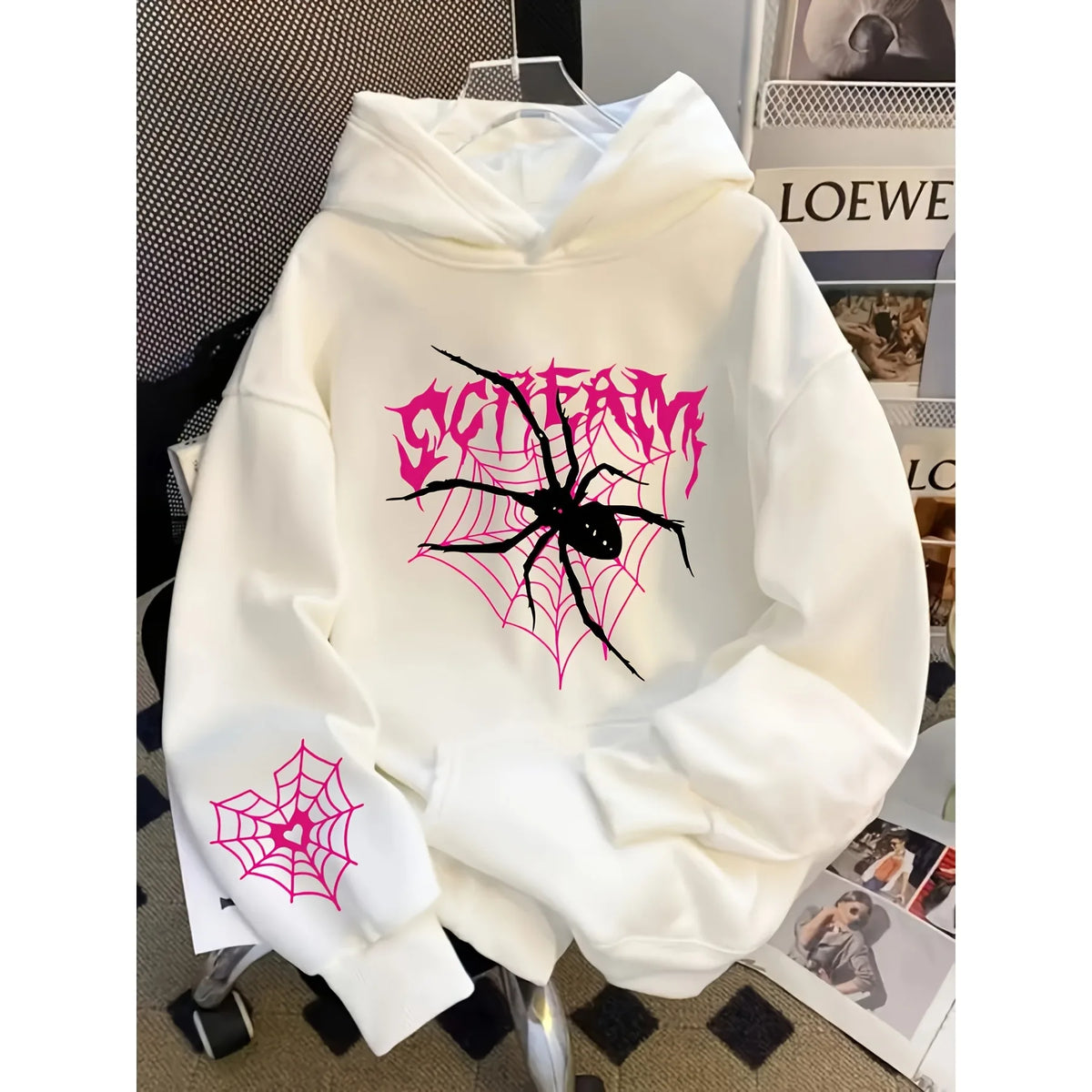 Fall Casual gothic Style Spider Web Print Hooded Sweatshirt for Men - Y2K Street Style Hip-Hop Long-Sleeved Pullover Hoodie