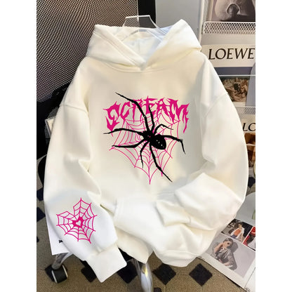 Fall Casual gothic Style Spider Web Print Hooded Sweatshirt for Men - Y2K Street Style Hip-Hop Long-Sleeved Pullover Hoodie