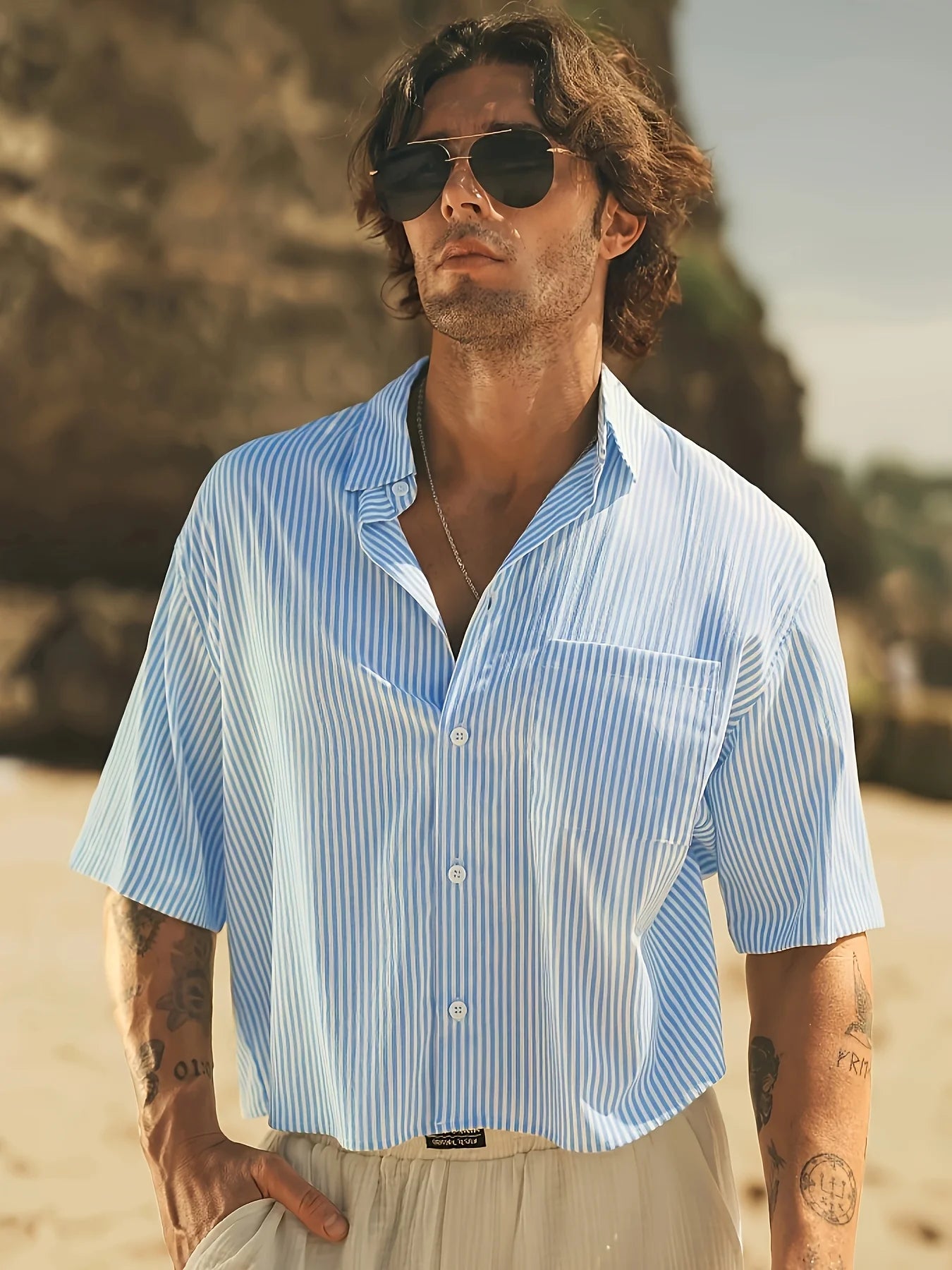 Men's striped comfortable short sleeved shirt, suitable for spring and autumn wear, suitable for festivals and daily outings