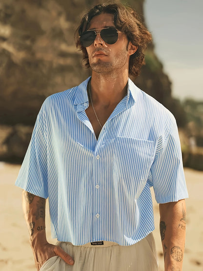 Men's striped comfortable short sleeved shirt, suitable for spring and autumn wear, suitable for festivals and daily outings