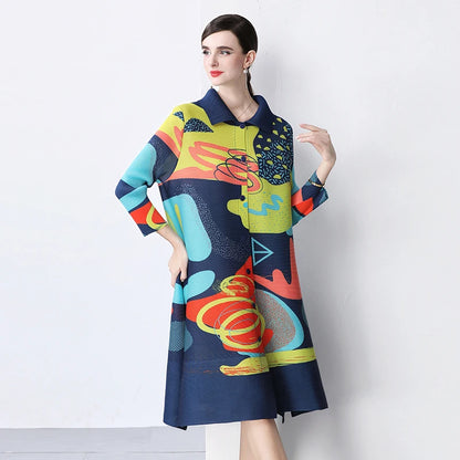 Miyake Pleated Drape Dress Women 2024 Spring Summer Colorblock Printing Lapel 3/4 Sleeve Single-breasted Fashion Shirt Dresses