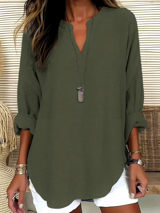 Plus Size Casual Tops - Women's Loose Fit Long Sleeve V-Neck Shirts in Polyester Oxford