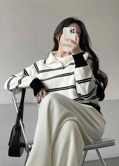 Korean Style Lazy Striped Zipper Color Block Long Sleeve Women's Soft Sweater Autumn Winter New Design Knitted Shirt