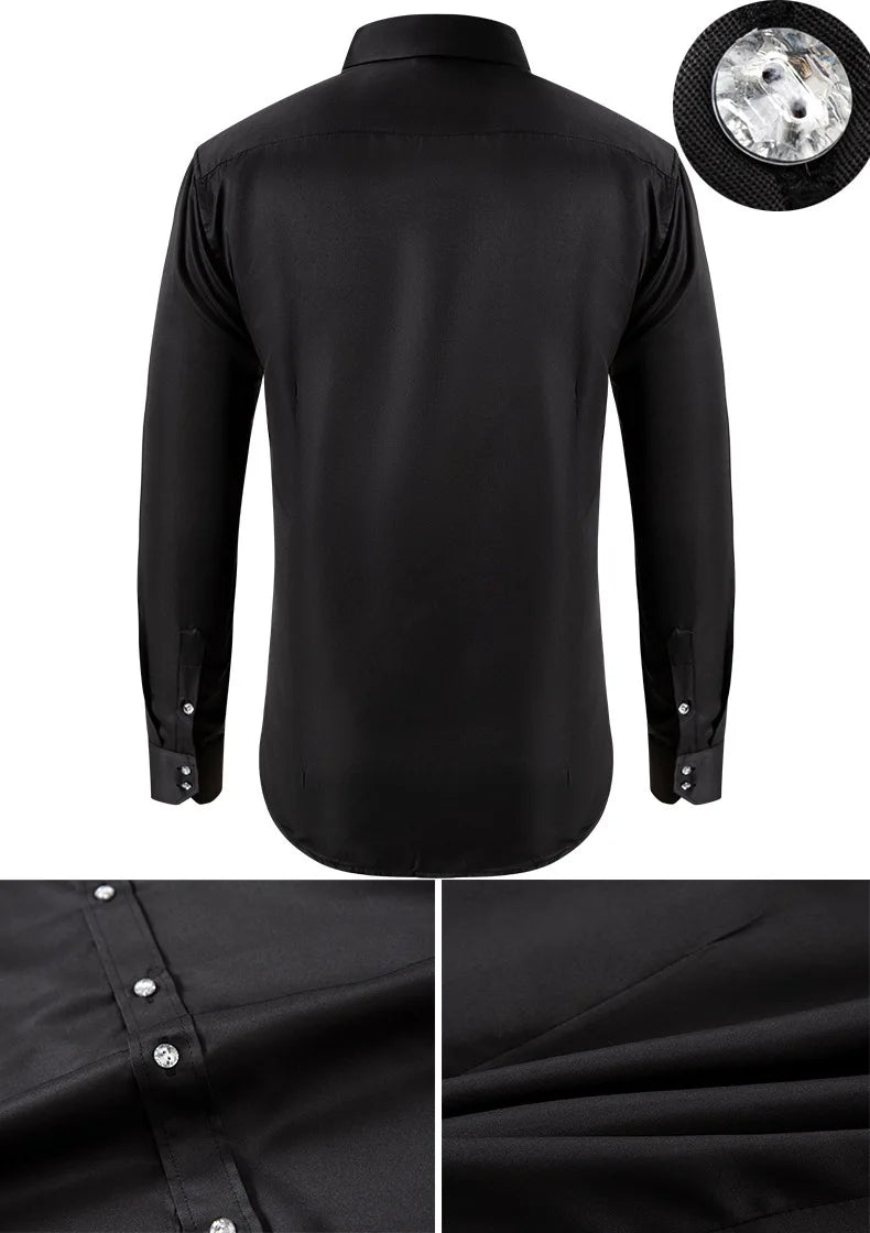 Solid color shirt men's crystal button long sleeved pointed collar light luxury men's business casual men's wear