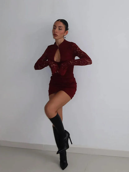 Sexy Lace Mini Dress - Women's Sheath Bodycon Above Knee Dress With Long Flare Sleeves