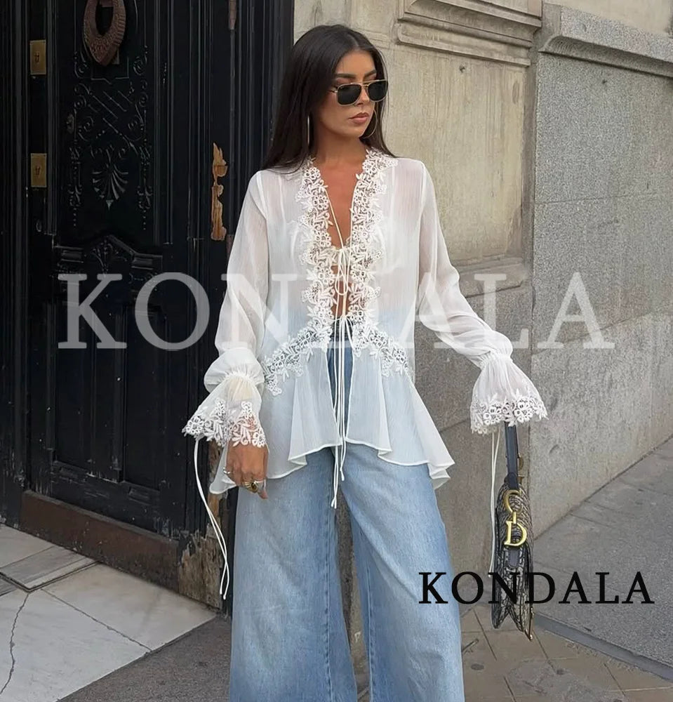 KONDALA Chic Lace Crochet Splicing See-through Shirts Women Elegant Leisure Lace-up Shirts 2026 Summer Trendy Lady Ruffles Shirt