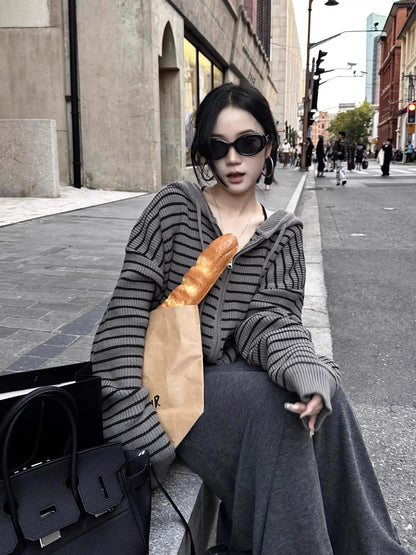 Hong Kong Style Striped Hooded Knitted Sweater Coat Women's Open Cardigan Spring Autumn Winter New Drawstring Zipper Versatil...