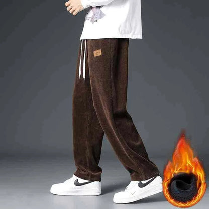 Winter Thick Warm Corduroy Sweatpants Men Fleece Liner Drawstring Straight Loose Track Pants Male Casual Fleece Thermal Trousers