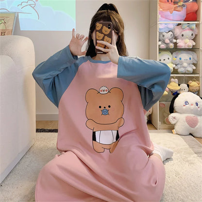 New Spring Summer Cotton Women's Pajamas Cute Long-sleeved Nightdress Cartoon Print Dress Home Service