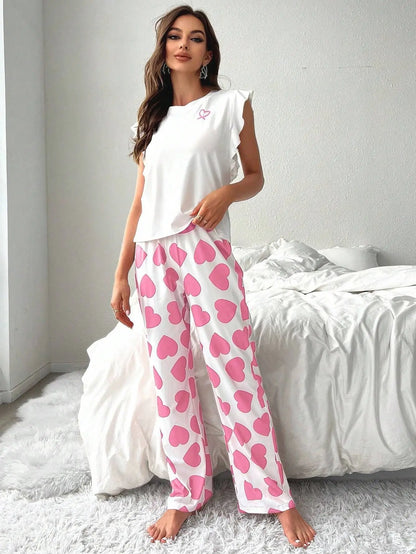 Spring Summer Heart Print Sleepwear Women Comfortable Pajamas Set Short Sleeve T-shirt with Pants Casual Homewear Loungewear
