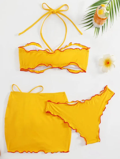 3 Piece Bikini Set - Halter Neck Floral Swimwear With Skirt & Wire Free Support