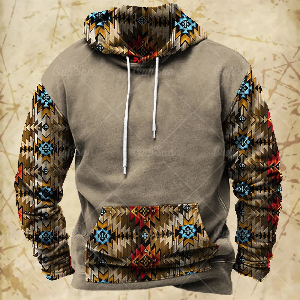 Men Hooded Vintage Print  Sweatshirt Ethnic Style Hoodie Autumn and Winter Oversized Casual Men's Clothing Daily Street Pullover