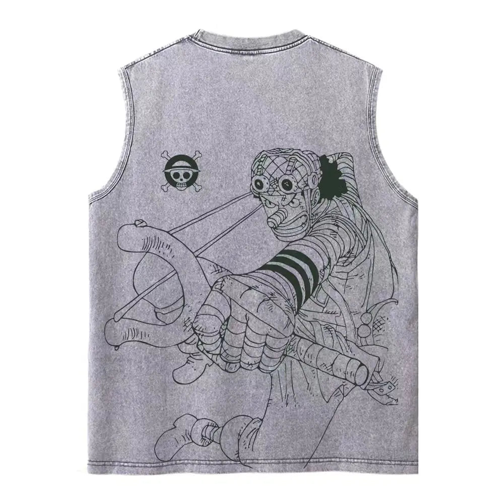 Harajuku Retro Sleeveless T-Shirts Streetwear Vintage Washed Anime One Piece Graphic Print Men Vest Tops Tees Retro Oversize