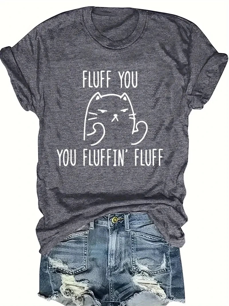 Plus Size T-Shirt - Women's Casual Tee With Cat Print | Crew Neck, Short Sleeve