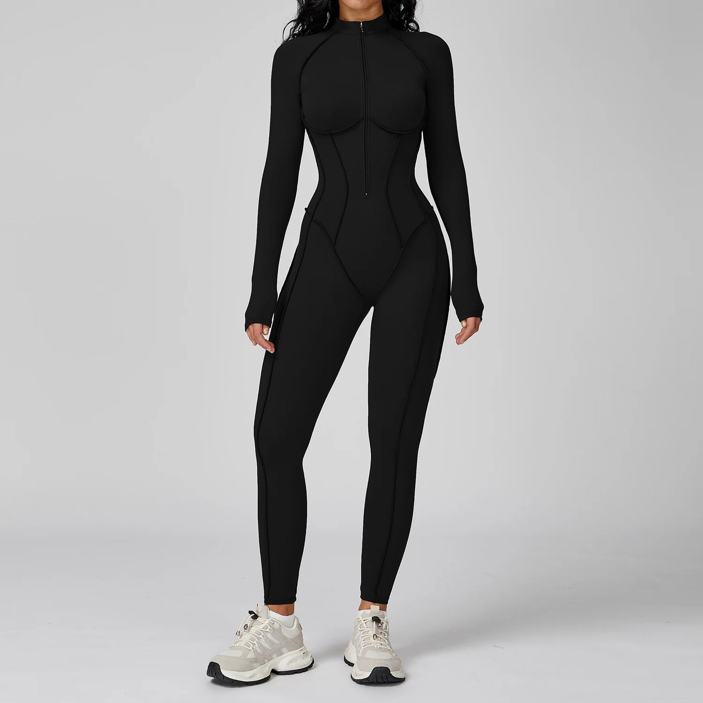 Women's Yoga Bodysuit - Long Sleeve Tracksuit Gym Zipper Suit, Breathable Fitness Jumpsuit