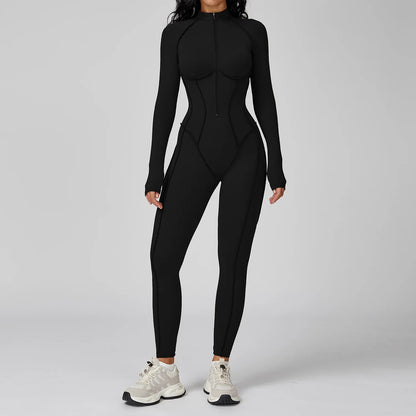 Women's Yoga Bodysuit - Long Sleeve Tracksuit Gym Zipper Suit, Breathable Fitness Jumpsuit