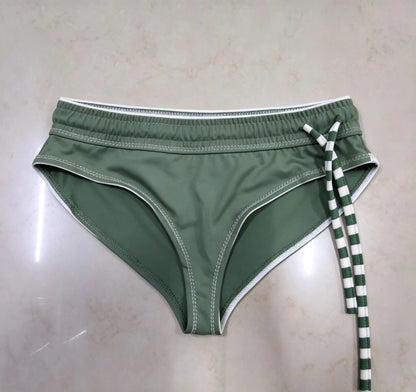 Women Solid Green Tie Side Bikini Bottom Low Waist Sexy Swim Briefs Beach Swimming Bathing Suit Bottom