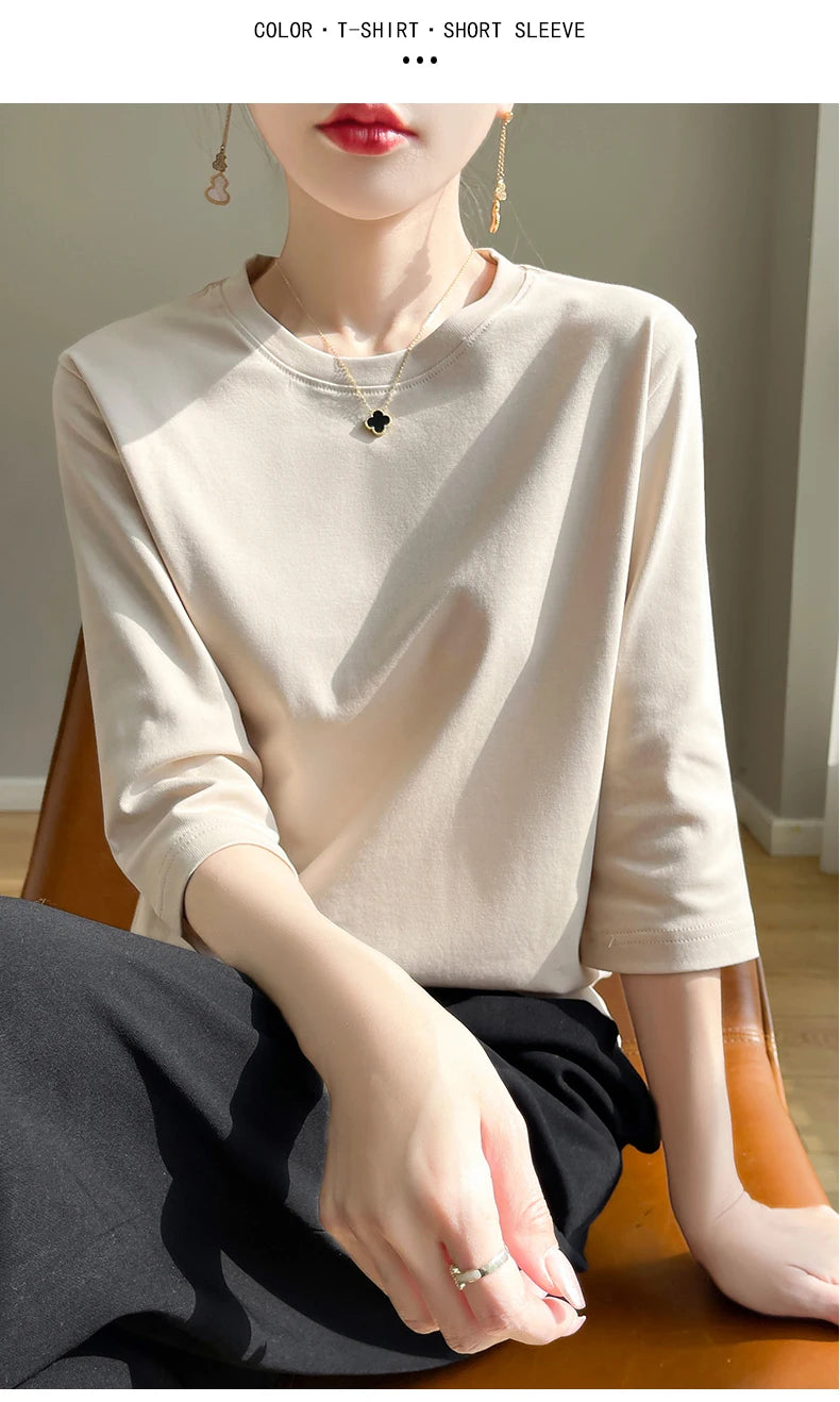 Summer Cotton Short-Sleeved T-Shirt Women's Round Neck Seven-Point Sleeves Loose Mercerized Cotton Half-Sleeve Shirt New T-shirt