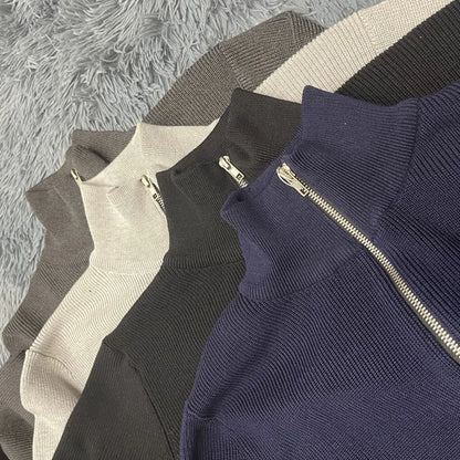 Asian size Autumn Winter Men Loose Casual Knit Sweater Zipper Semi High Neck Long Sleeve Cardigan Lazy Comfortable Warm Top
