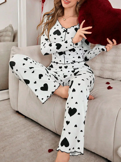 Pajamas 2 Piece Sets Women Sleepwear Loungewear Suit Top Pants Heart Print Bow Trousers Autumn Ensemble Nightwear Outfits