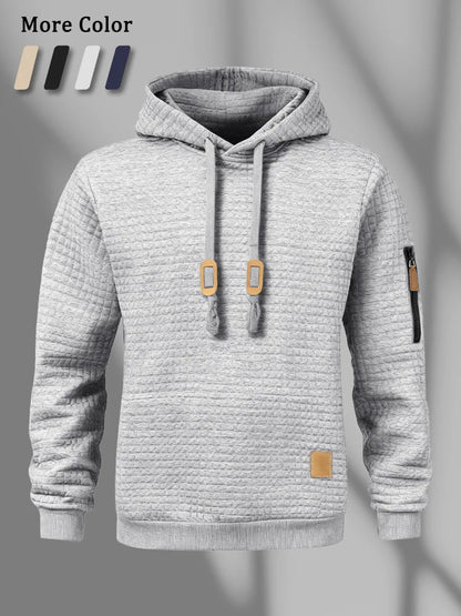 New Autumn Men's Hoodie Waffle Pattern Long Sleeve Sweatshirt Solid Color Casual Warm Pullover Outdoor Sportswear Men's Clothing