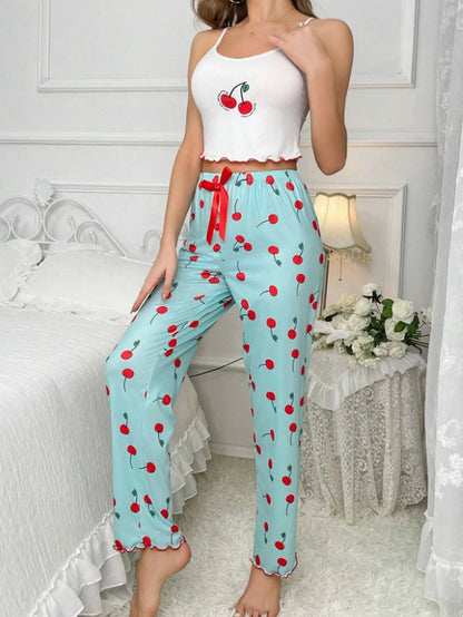 Y2K Coquette Cherry Print Pajama Set Womens Cami Crop Top Pants Two Piece Sleepwear Loungewear Summer Spring Autumn Outfits