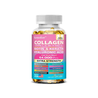 Collagen Capsules with Types I,II,III,V,X + Biotin Keratin Vitamins, Anti‑Aging, Skin Whitening, Hair, Nail Care & Joint Support