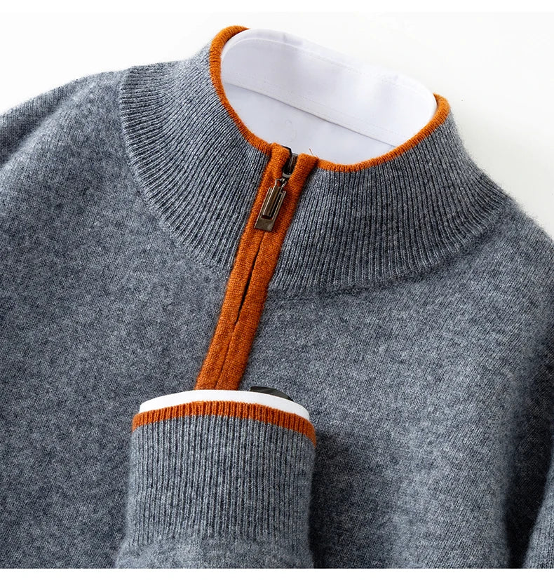 Men's 100% Cashmere Pullover Sweater Autumn/Winter Business Leisure Color Block Knitted Loose Fit Half High Collar Zipper Top