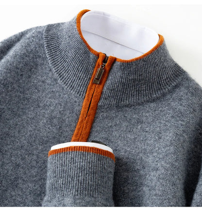 Men's 100% Cashmere Pullover Sweater Autumn/Winter Business Leisure Color Block Knitted Loose Fit Half High Collar Zipper Top