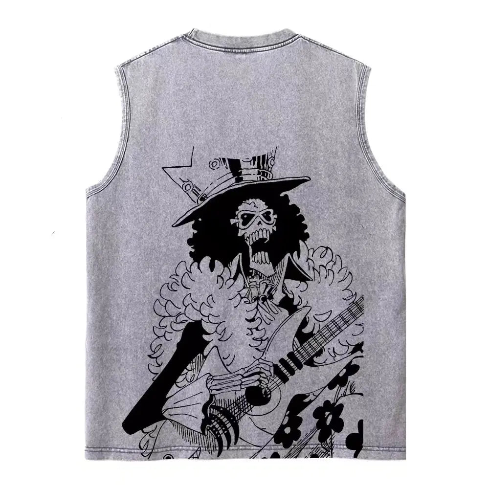 Harajuku Retro Sleeveless T-Shirts Streetwear Vintage Washed Anime One Piece Graphic Print Men Vest Tops Tees Retro Oversize