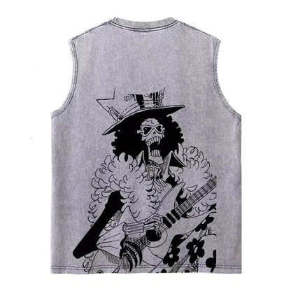 Harajuku Retro Sleeveless T-Shirts Streetwear Vintage Washed Anime One Piece Graphic Print Men Vest Tops Tees Retro Oversize