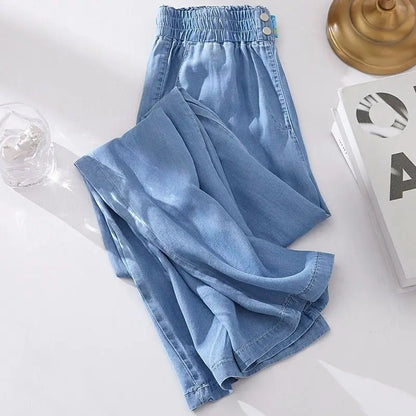 Spring Summer Ice Silk Wide Leg Jeans Loose Casual Pants Thin Lightweight Women's plus Size Elastic Waist Drapey Loose Fit