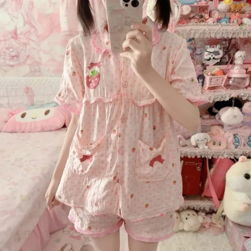 Japanese Kawaii Lolita Style Strawberry Embroidery Pajamas Set Ladies Short Sleeve Tops Shorts Sweet Summer Homewear Outfit