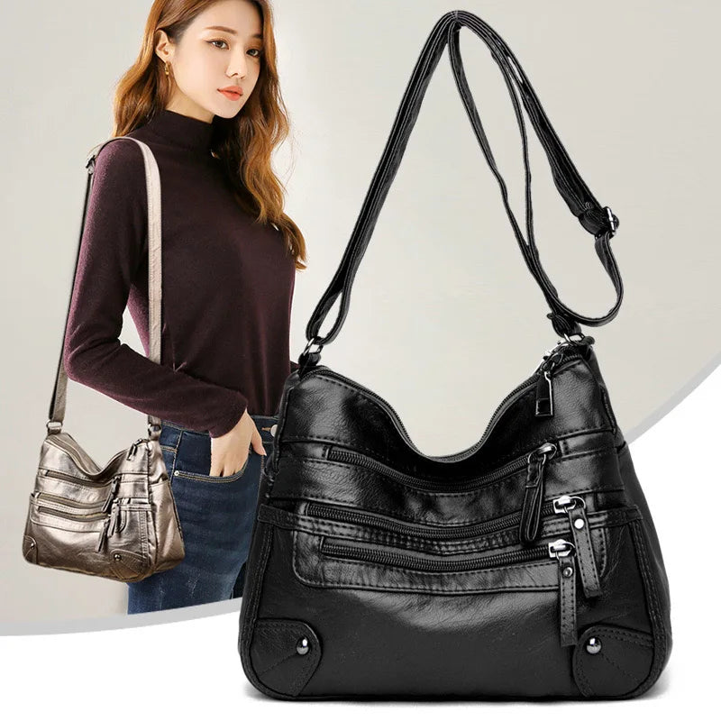 Soft Leather Shoulder Bag - Women's Crossbody Double Layered Large Capacity Tote