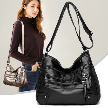 Soft Leather Shoulder Bag - Women's Crossbody Double Layered Large Capacity Tote