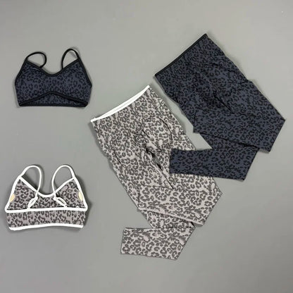 2 Pcs Fitness Sets Women Leopard Print Contrast Edge Removable Pad Bra Breathable Squat Proof Pants Suit Sports Workout Set