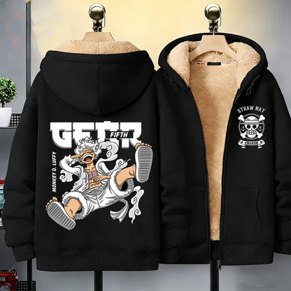 One Piece Man Thick Hooded Jacket Woman Winter Keep Warm Coat Anime Luffy Print Fleece Jacket Thermal Long Sleeve Hooded Clothes