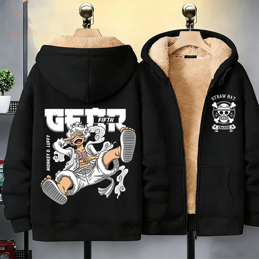 One Piece Man Thick Hooded Jacket Woman Winter Keep Warm Coat Anime Luffy Print Fleece Jacket Thermal Long Sleeve Hooded Clothes