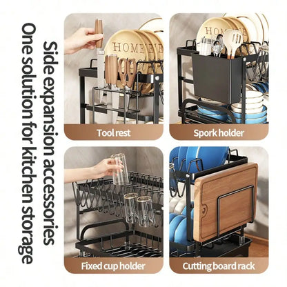 Kusuxva This Double-Layer Metal Kitchen Countertop Dish Rack Is Space-Saving And Durable. It Comes With A Knife And Fork Holder,
