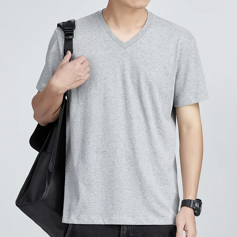 Men's Cotton T-Shirt - Comfortable Casual Loose Fit V-Neck Solid Color Tee