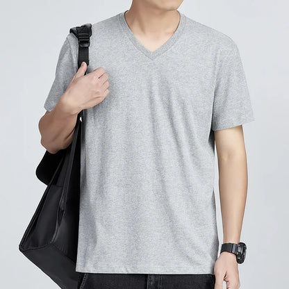 Men's Cotton T-Shirt - Comfortable Casual Loose Fit V-Neck Solid Color Tee